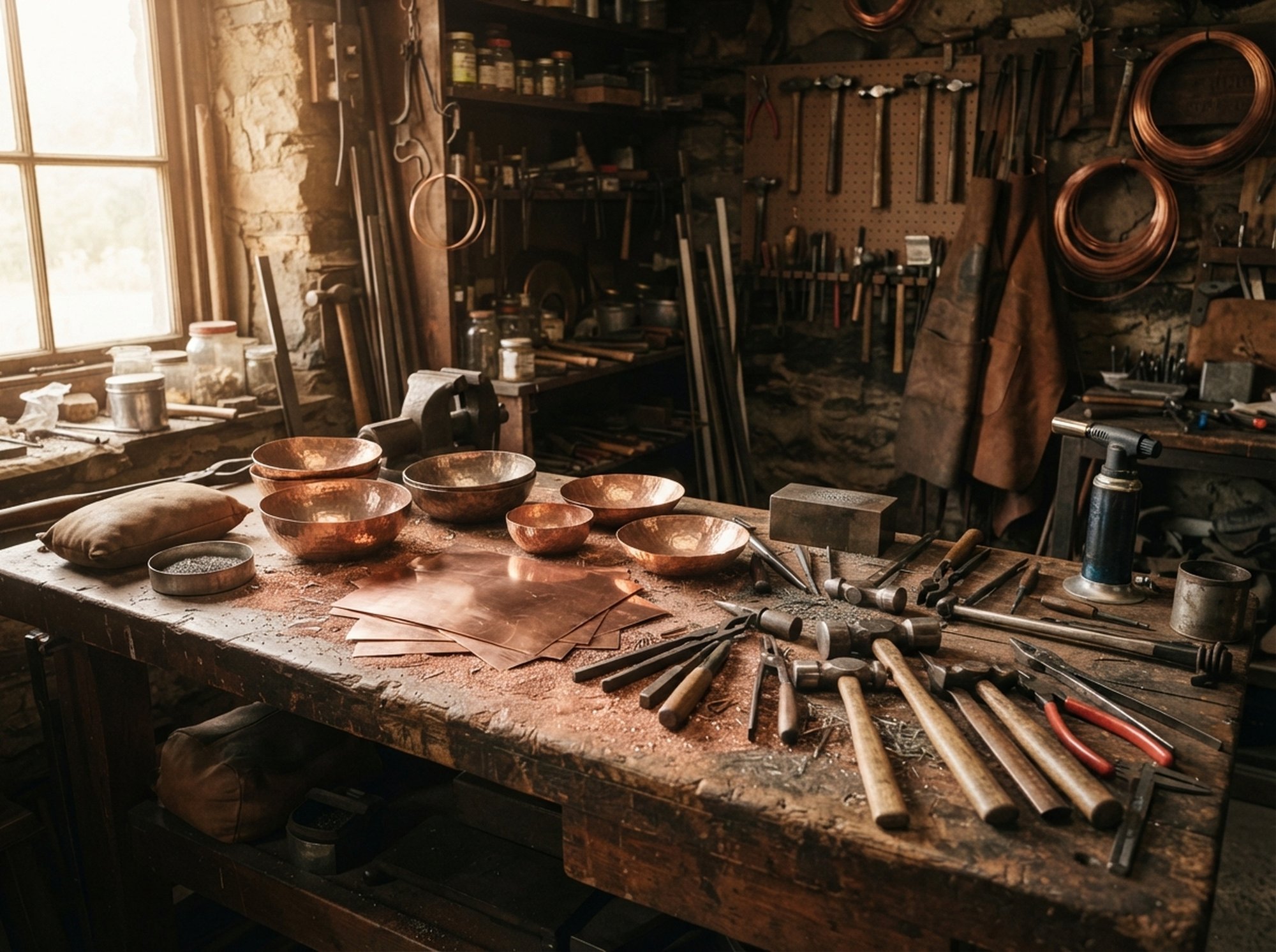Laboratorio di cucina con pentole in rame