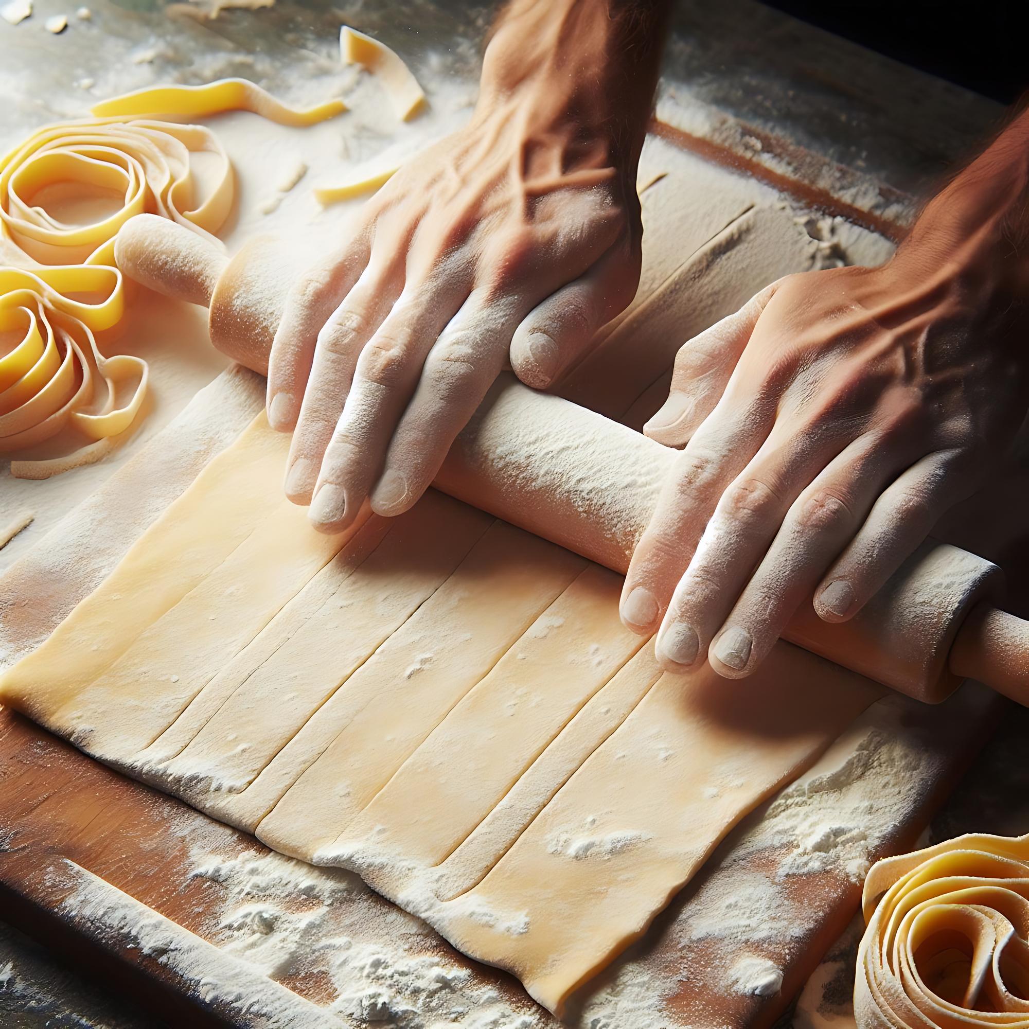 Dettaglio mani che lavorano la pasta